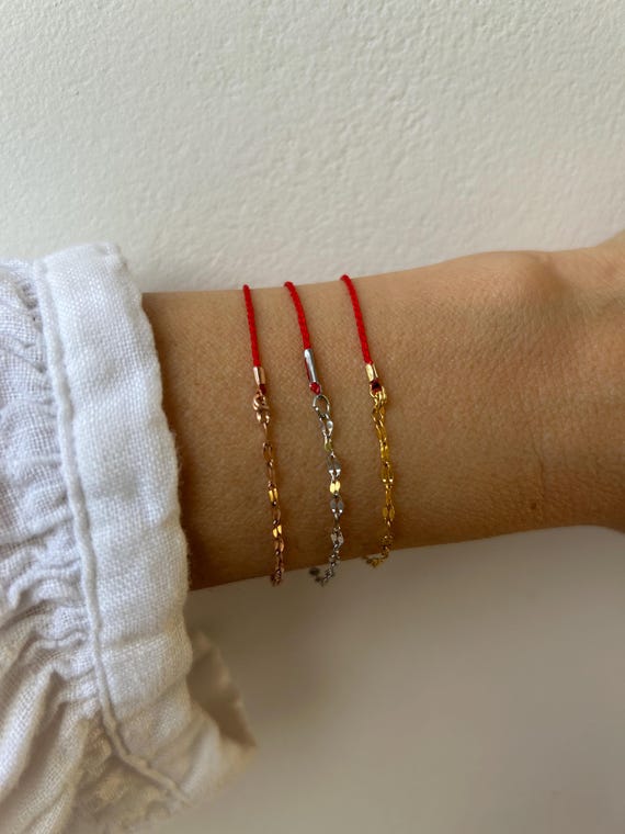 Red string bracelet. Red string of fate bracelet. Red string cord and chain bracelet.Gold, silver, rose gold chain.