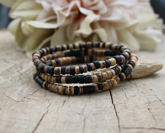 Mens beaded bracelet. Mens bracelet stack. Coconut and black beaded bracelet. Stretch bracelet. Wood bead bracelet.