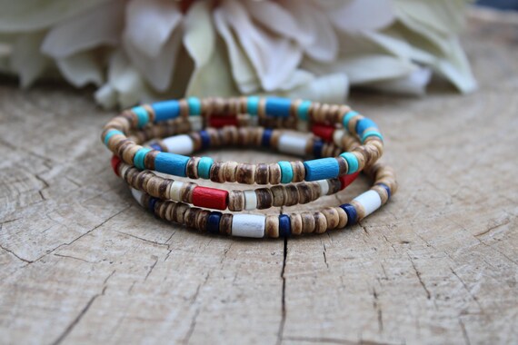 Mens beaded bracelet. Mens turquoise bracelet. Surfer style bracelet. Mens stacking bracelet. Mens stretch bracelet.