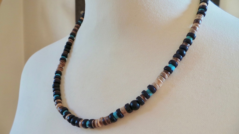 Mens beaded necklace. Mens turquoise necklace. Turquoise and black mens necklace. Surfer style necklace. image 8