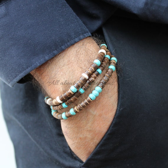 Brown wood bead and turquoise bracelet. Stretch bracelet. Turquoise and howlite wood bead bracelet. Surfer style bracelet.