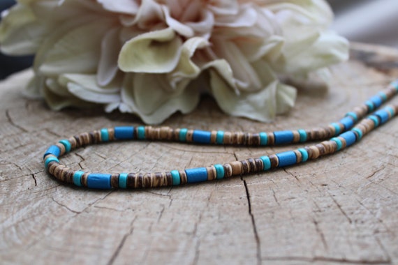 Mens beaded necklace. Mens turquoise necklace. Surfer style necklace. Mens coconut necklace. Mens necklace. Turquoise and blue boho necklace