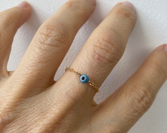 Evil eye ring. Evil eye chain ring. Gold filled evil eye ring. Dainty evil eye ring. Tiny evil eye ring. Protection ring. Sterling silver