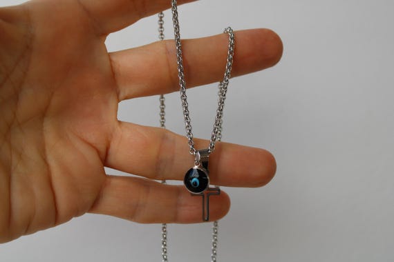 Mens cross and evil eye necklace. Mens crucifix. Mens stainless steel cross and evil eye necklace. Cross pendant. Religious jewellery.