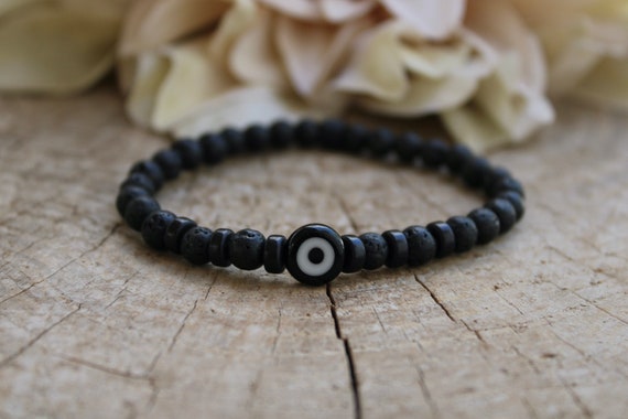 Mens evil eye bracelet. Beaded evil eye bracelet. Lava rock bracelet. Stone bracelet. Gift for him. Mens stretch bracelet. Protection