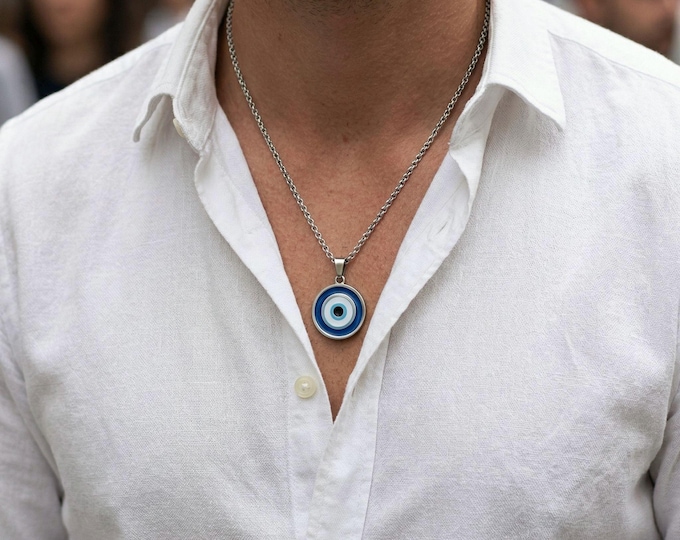 Mens evil eye necklace. Mens stainless steel evil eye necklace. Pendant necklace.