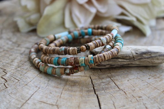 Sea sediment jasper bracelet. Coconut and jasper beaded bracelet. Bracelet stack. Turquoise bracelet. Surfer style bracelet.