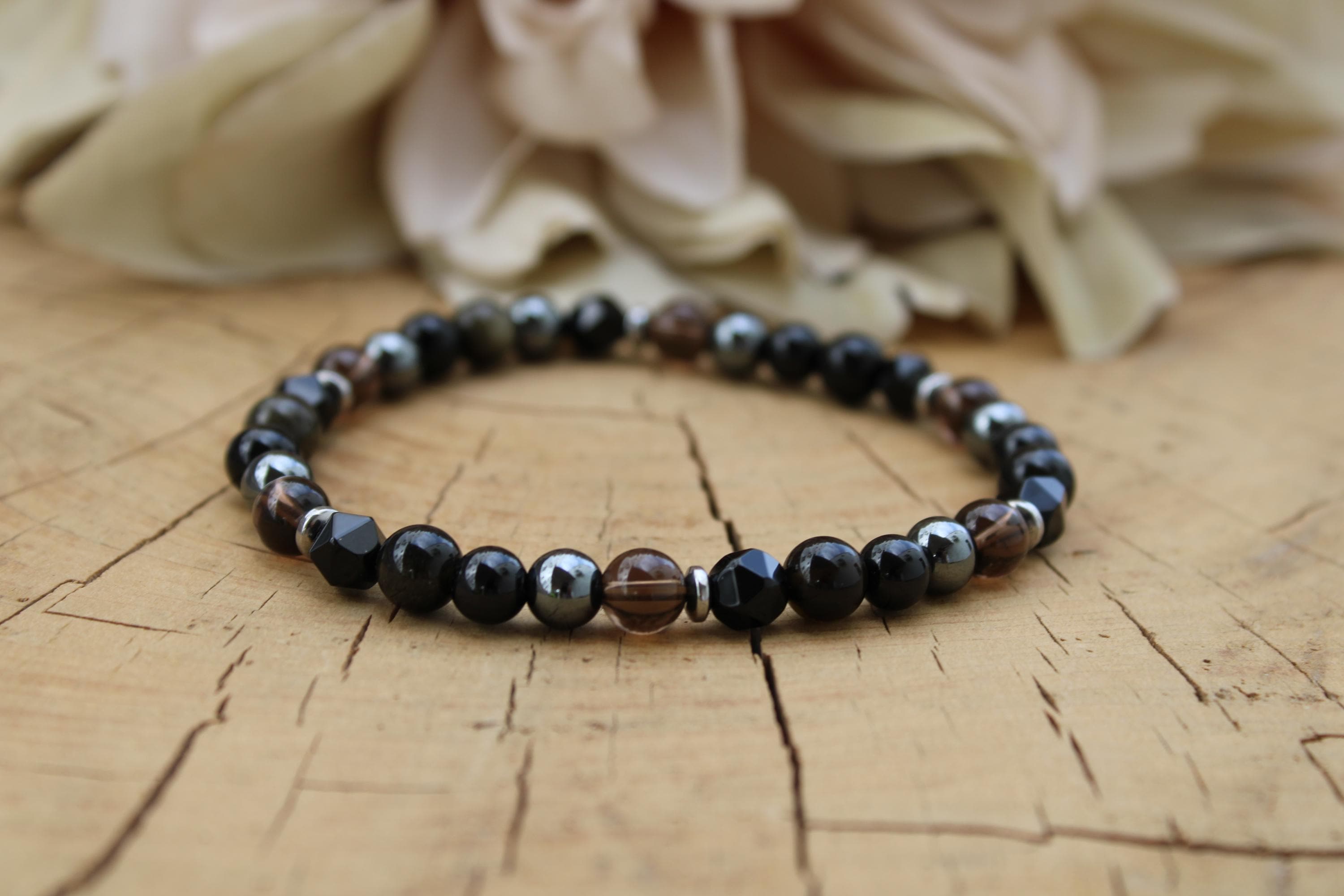 Mens Black Onyx Bracelet: Gold Sheen Obsidian, Tourmaline