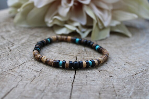 Mens turquoise bracelet. Mens beaded bracelet. Surfer style bracelet.Mens bracelet.  Turquoise, black stone bracelet and coconut bracelet.