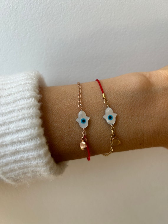 Red string evil eye hamsa bracelet. Red string of fate bracelet. Evil eye bracelet. Hamsa bracelet. Gold filled.