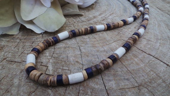 Mens beaded necklace.  Surfer style necklace. Mens coconut necklace. Mens necklace. Navy blue and white boho necklace