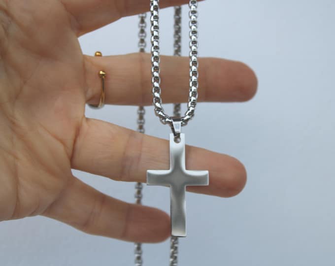 Mens Stainless Steel Cross Necklace: Religious Pendant. Cross pendant.