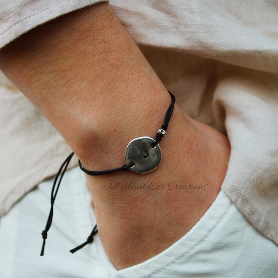 Mens initial cord bracelet. Personalised disc bracelet for men. Letter bracelet. Cord bracelet with personalised disc.