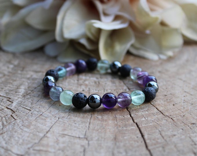 Amethyst Fluorite Lava Rock Bracelet: Energy Balancing Stretch Bracelet, Abundance, grounding and protection,