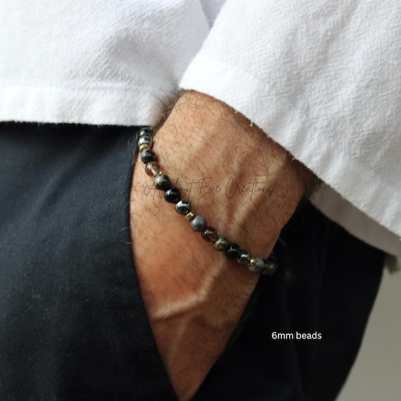Empath protection bracelet for men. Black tourmaline, hematite, smoky quartz,  larvikite (black moonstone) and pyrite. 6mm beads.
