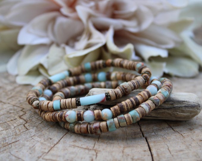 Mens beaded bracelet. Surfer style bracelet.  Sea Sediment Jasper Bracelet with coconut heishi beads.