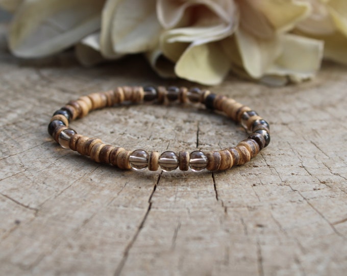 Men's Coconut and Smoky Quartz Stretch Bracelet – Surfer Style Beaded Jewelry