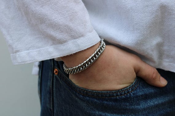 Mens chain bracelet. Mens silver chain bracelet. Stainless steel chain bracelet. Chunky chain bracelet for men. Wheat link chain bracelet.