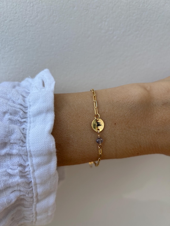 Tiny personalised disc chain bracelet. Initial disc and birthstone paper clip bracelet. Gold filled paper clip.