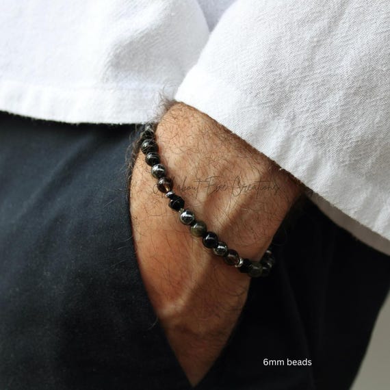 Mens Empath protection bracelet. Black onyx, gold sheen obsidian, black tourmaline, hematite and smoky quartz beaded bracelet. 6mm beads