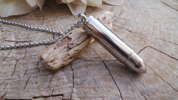 Mens bullet necklace. Mens stainless steel bullet pendant necklace. Mens bullet canister necklace. Stainless steel pendant necklace.