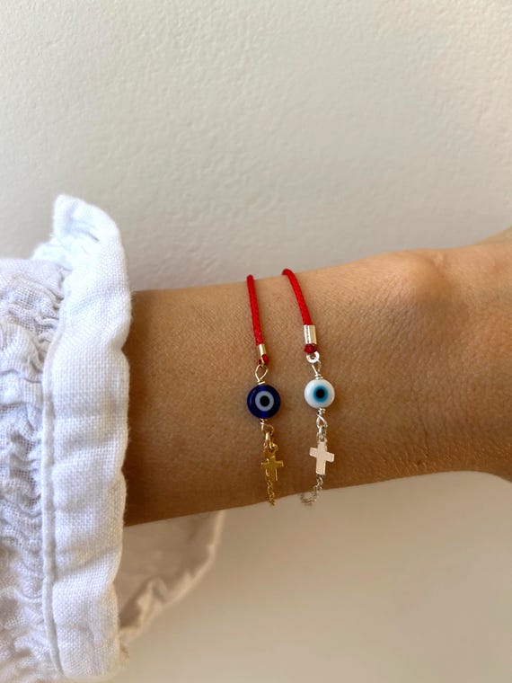 Evil Eye Red String Bracelet: Gold Filled Sterling Silver Cross Charm