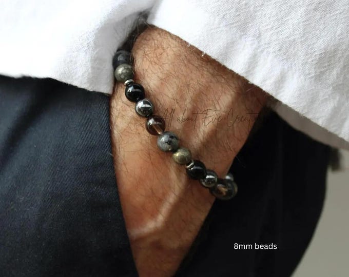 Empath protection bracelet for men. Black tourmaline, hematite,  larvikite, hematite, smoky quartz and pyrite. Abundance. 6mm/8mm beads.