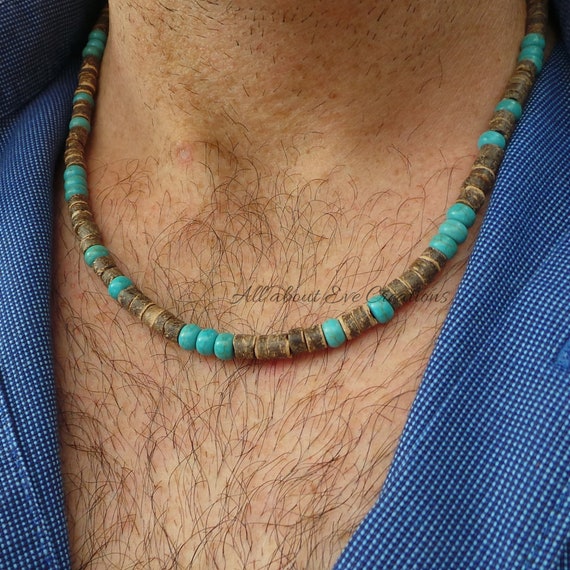 Mens coconut and turquoise necklace.Mens beaded necklace. Mens necklace. Surfer style necklace. Mens turquoise necklace. Wood bead necklace.