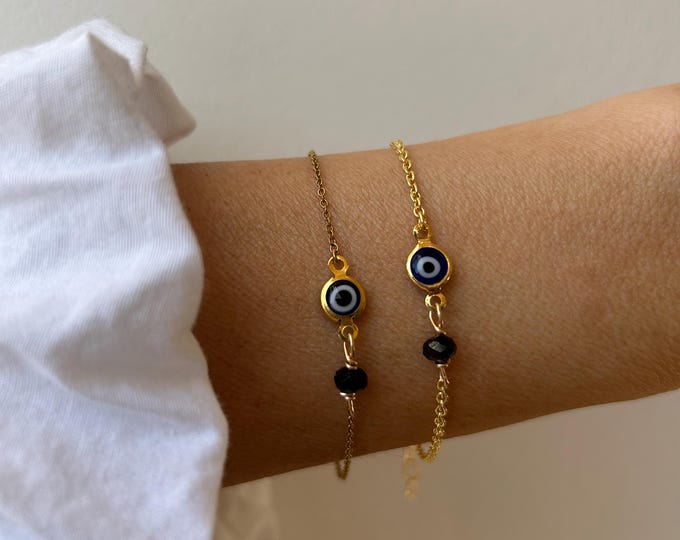 Gold Filled Evil Eye Bracelet, Black Tourmaline Protection Chain. Stainless steel option