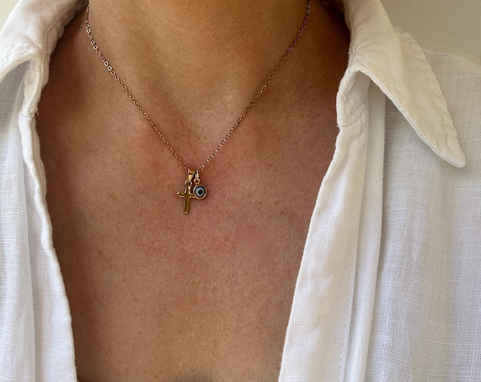 Gold Cross and Evil Eye Necklace, Stainless Steel Protection Pendant