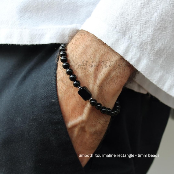 Mens black tourmaline bracelet. Unisex raw black tourmaline beaded bracelet. October birthstone. Empath protection. 6mm beads.