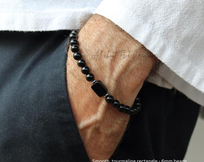 Mens black tourmaline bracelet. Unisex raw black tourmaline beaded bracelet. October birthstone. Empath protection. 6mm beads.