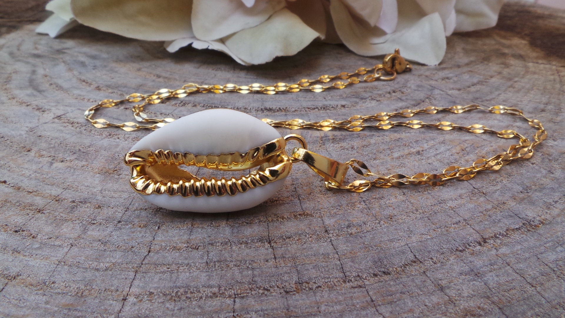 Cowrie shell necklace. Shell necklace. 24k gold plated cowrie shell
