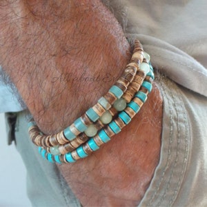 Herenarmbandenset. Herenkralenarmband. Armband in surferstijl. Stapelarmbanden voor heren. Turquoise armband. Stapel armbanden. Stretcharmbanden.