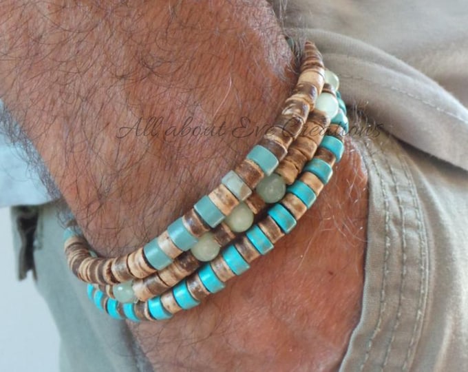 Mens Beaded Bracelet. Coconut heishi and turquoise, jade  & Jasper. Surfer style bracelet.