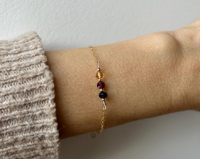 Citrine, garnet and black tourmaline bracelet.  Gold filled/sterling silver. Empath protection, grounding, block negativity.