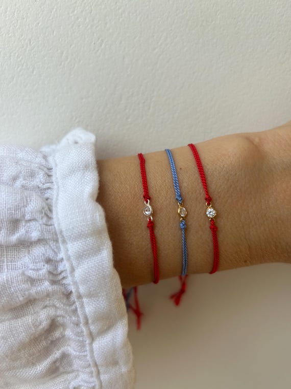 Silk cord bracelet with cubic zirconia.  Red silk bracelet . Gold filled/sterling silver string bracelet. CZ  string bracelet.