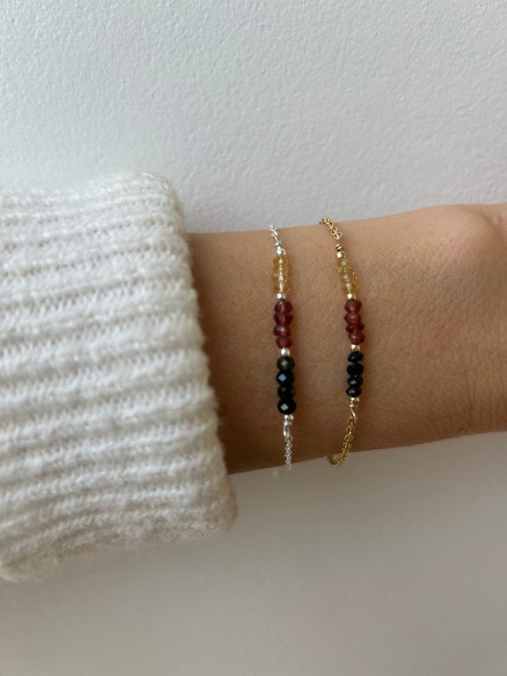 Citrine, garnet and black tourmaline bracelet.  Gold filled/sterling silver. Empath protection, grounding, block negativity.