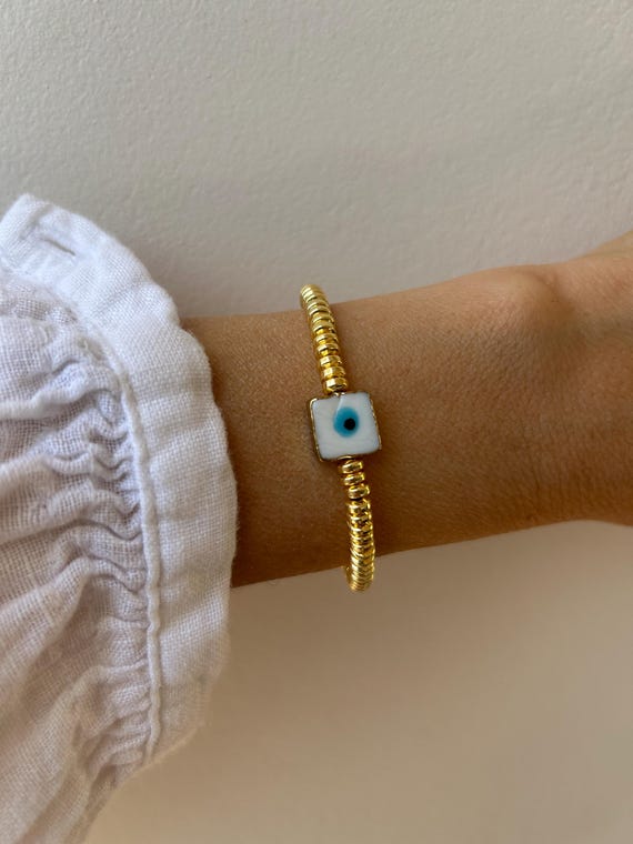 Gold Beaded Evil Eye Bracelet: Enamel Charm, Hematite Beads