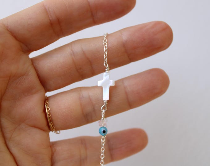 Custom Mother of Pearl Sideways Cross Necklaces with rose quartz and evil eye