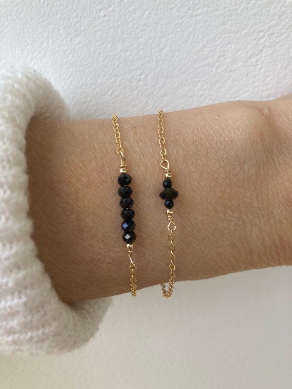 Black tourmaline. Black tourmaline bead bar bracelet. 14k gold filled/ sterling silver. October birthstone. Empath protection.