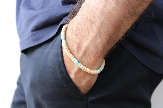 Mens coconut bracelet. Surfer style wood bead bracelet. White and blue beaded mens bracelet. Turquoise bracelet. Stretch bracelet.