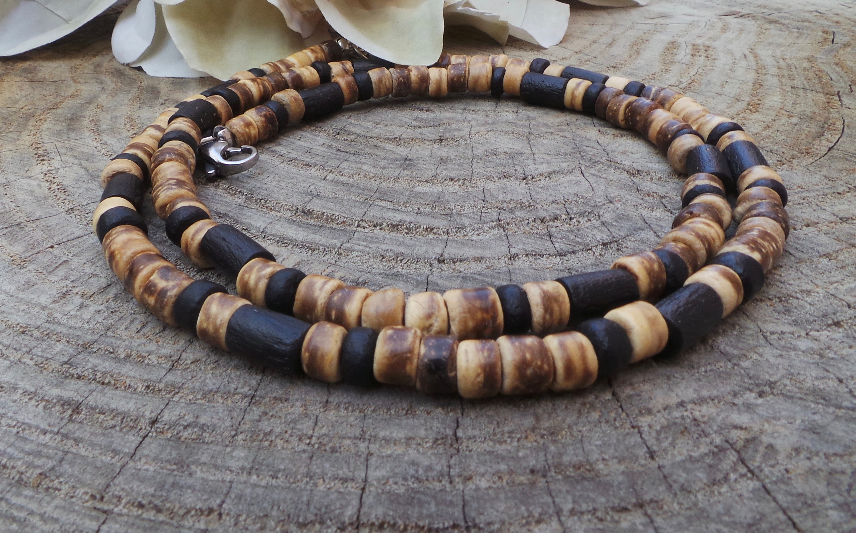 Mens coconut necklace. Mens beaded necklace. Mens necklace. Surfer