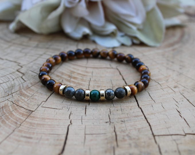 Mens abundance and protection bracelet. Tiger's eye, pyrite, malachite beaded stretch bracelet. 6mm