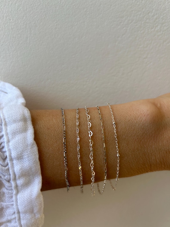 Minimalist bracelet. Dainty sterling silver chain bracelet.  Thin chain bracelet. Satellite, heart, figaro, sequin, box chain, wave chain