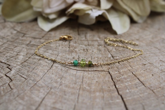 Green tourmaline, peridot and emerald bracelet. Green gemstone bracelet. Balance, vitality, prosperity.  Gold, silver, rose gold chain.