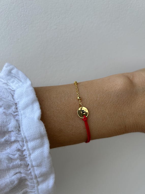 Red string bracelet with initial. Personalized Initial Disc Bracelet. Gold filled