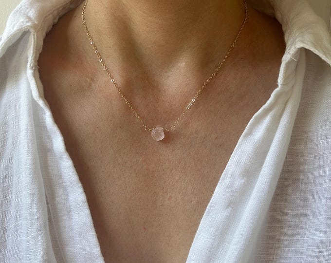 Rose quartz necklace. Raw nugget. Self love, fertility. Gold, silver, rose gold chain.