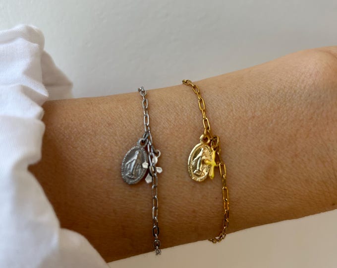 Dainty Virgin Mary and crucifix bracelet. Gold stainless Steel Madonna Charm and cross.