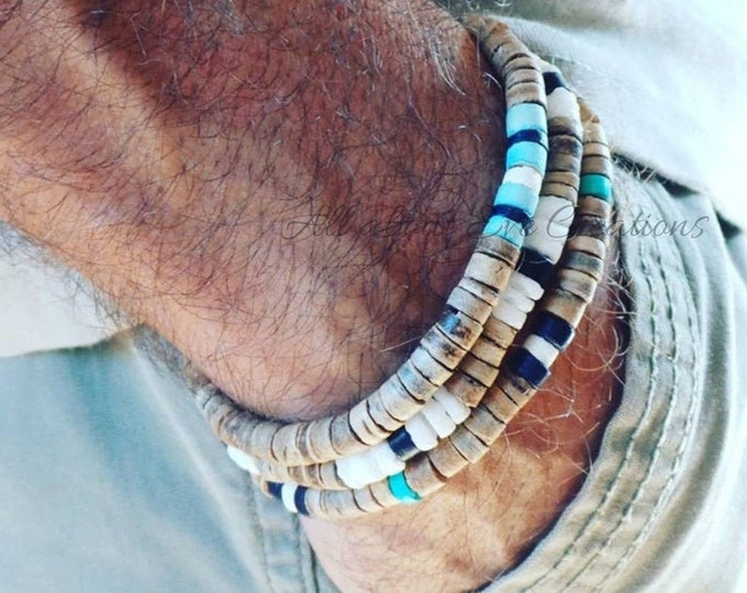 Men's Surfer Style Coconut Heishi Beaded Stretch Bracelet